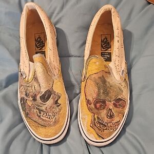 Vans Artistic Skull Slip-Ons in Tan and Yellow